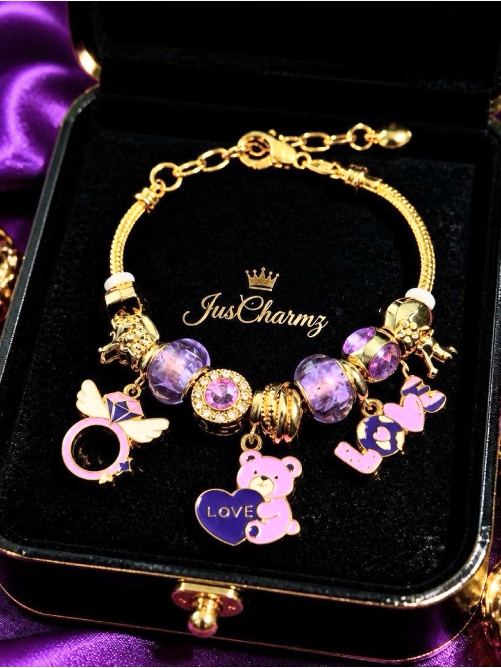 Gold Bracelet with Purple Beads and Pink Charms